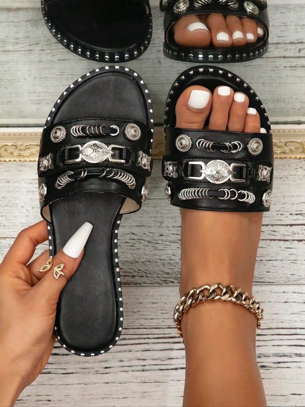 Black Embellished Slide Sandals - Women's Fashion Slip-Ons